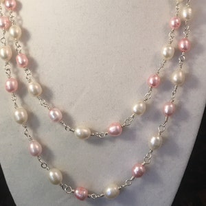 Wire Wrapped Pearl Chain Link Necklace for Her June Birthday Gift for Mom Long Pink Pearl Necklace Pink Pearls June Birthstone Gifts for Her