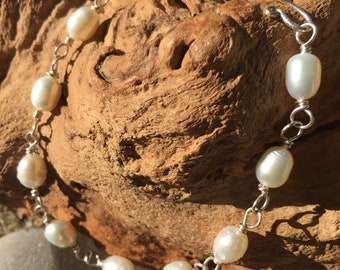 Wire Wrapped Pearl Chain Bracelet| Pearl Bracelet| June Birthstone| Bridal Jewelry| Beach Wedding| Gifts for Her| Silver and Pearl Bracelet
