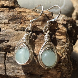Aquamarine Wire Wrapped Drop Earrings| March Birthstone| Birthstone Jewelry| Sterling Silver Earrings
