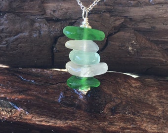 Tall Stacked Sea Glass And Sterling Silver Pendant Necklace| Sea Glass| Beach Glass| Sea Glass Jewelry| Beach Jewelry| Gifts for Her|