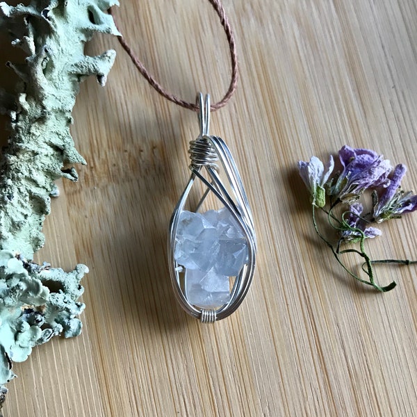 Celestite + Silver Pendant // Handmade Wire Wrapped Gemstone with Hemp Cord Necklace