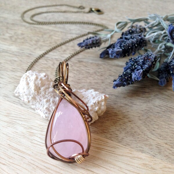 Rose Quartz Necklace Wire Wrapped Pendant in Copper, Antique Brass and Gold Wire
