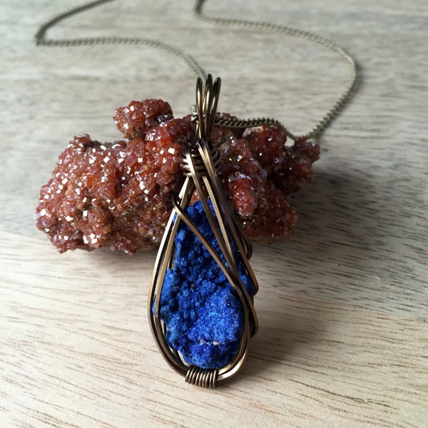 Raw Azurite Druzy Necklace Wire Wrapped Pendant in Copper Wire with Antique Brass Finish - Mineral Jewelry- Third Eye Chakra Necklace