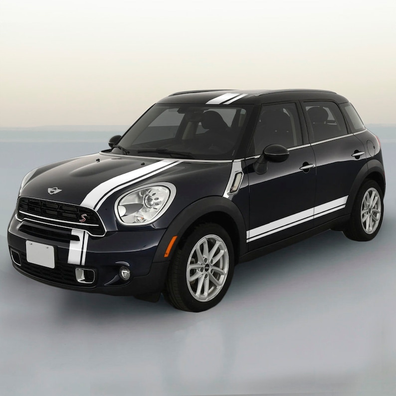 White Rally Racing Stripes Mini Koper Vinyl Hood, Trunk, and Rocker Rally Stripes Racing Stripe Kit for Mini ...