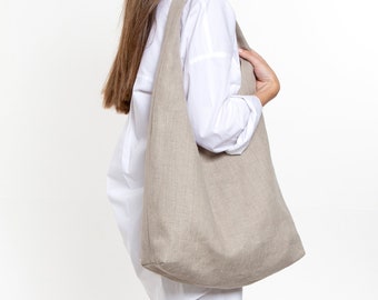 Minimalist natural linen boho bag for women, large beige linen hobo purse with inside pockets, fabric shoulder bag for shopping, vegan gift