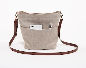 Small linen crossbody bag with pocket, women's shoulder bag with zipper, vegan crossbody bag handmade with natural linen.