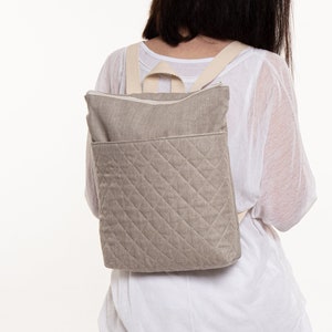 Linen quilted backpack for women, square vegan rucksack purse, medium beige backpack with zipper and pockets image 2