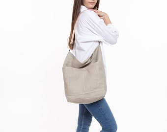 Grand sac hobo bandoulière  en lin avec sangle en cuir, sac de travail d'épaule en lin naturel pour femme avec poches, sac en tissu beige