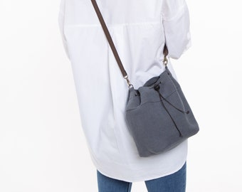 Small blue gray linen crossbody bucket bag, canvas linen woman shoulder bag, sustainable sling bag handmade from resistant linen, bag boho