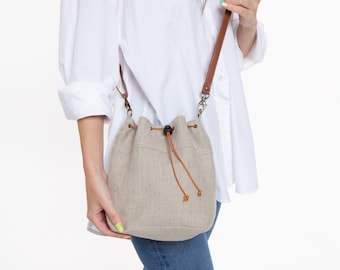 Small linen crossbody bucket bag with long strap, women drawstring natural linen purse, everyday fabric lightweight handbag for her.