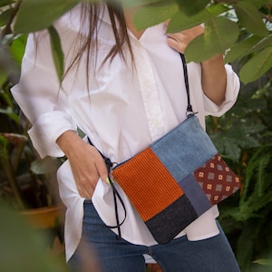 Petit sac bandoulière patchwork pour femme, sac à main en tissu pour céllulaire avec fermeture à glissière, mini sac hippie recyclé