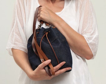 Small blue denim crossbody bag for women, vegan canvas bucket bag for everyday, drawstring denim hobo purse with minimalist style for her