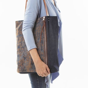 Große Laptop-Schultertasche mit Reißverschluss, Baumwolltasche, Tote Bag für Frauen mit Ledergriffen, Baumwolltasche für Büro