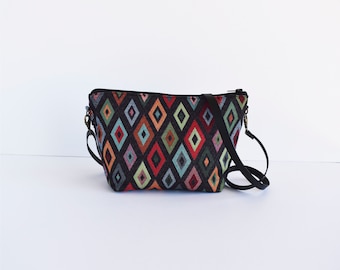 Simple colorful fabric zipper crossbody bag for women, small shoulder bag with long strap, patterned tapestry messenger, handmade gift