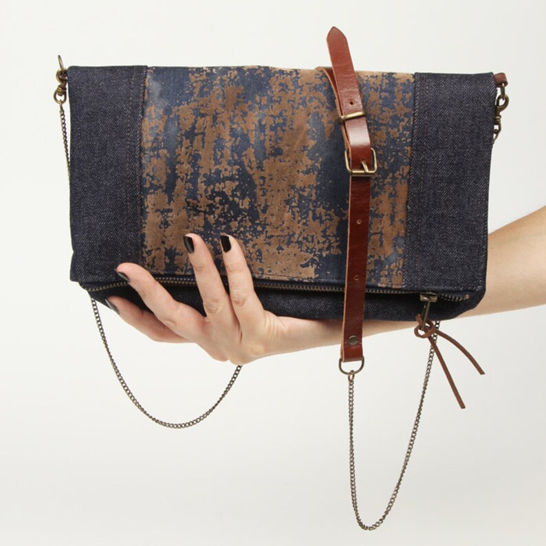 Brown fold over crossbody bag with zipper denim and suede Etsy