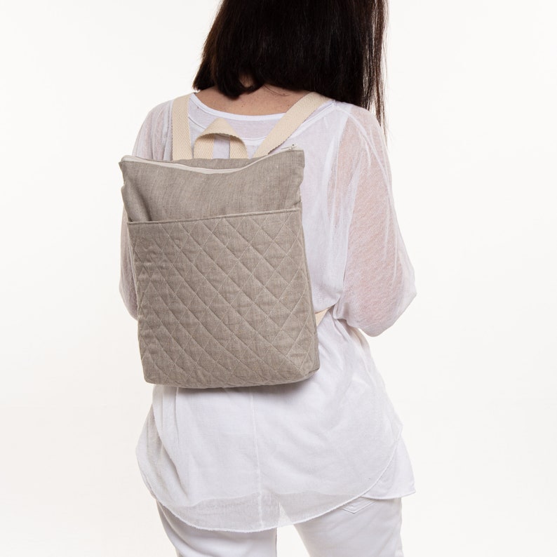 Linen quilted backpack for women, square vegan rucksack purse, medium beige backpack with zipper and pockets image 2