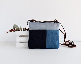 Bolso pequeño tejano azul hecho a mano, mini bolso de mano para teléfono celular, bolso cruzado vaquero con bolsillo trasero, bolso unisex