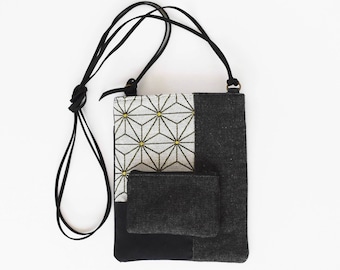 Small black japanese fabric crossbody bag, mini cell phone canvas purse with zipper, denim sling bag with back pocket, geometric print bag