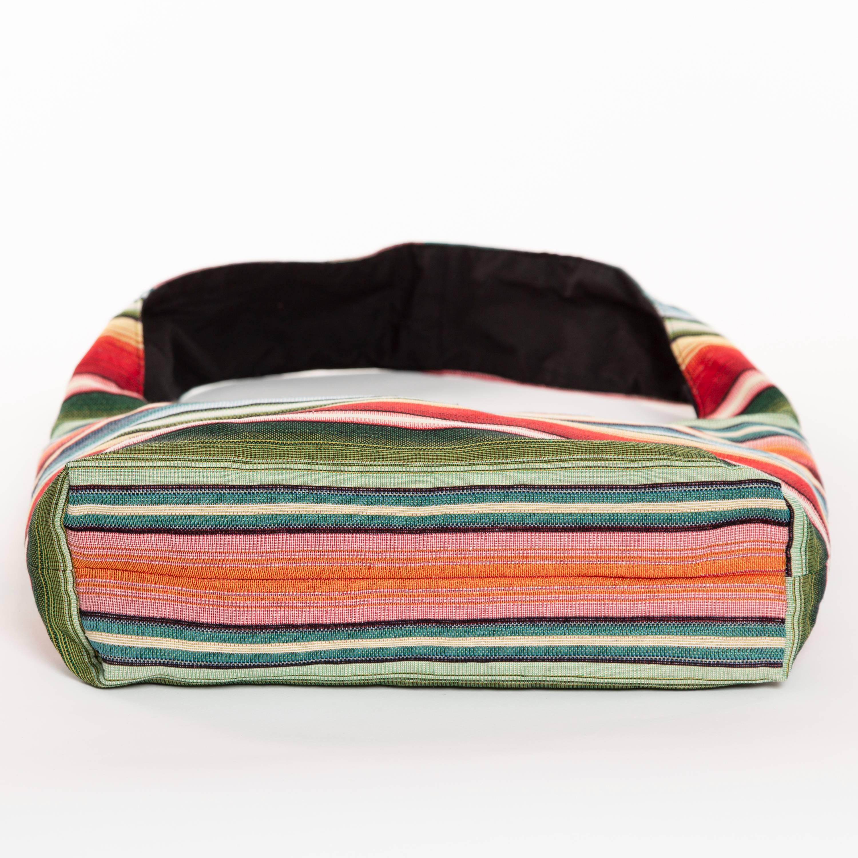 Canvas Hobo Bacpack Bag with Leather Trim - Multi colored strips. Striped Canvas Hobo Bag: Large Colorful Lightweight Boho  main image 3
