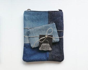 Bolso bandolera para móvil de tela vaquera reciclada – Mini bolso azul con cremallera