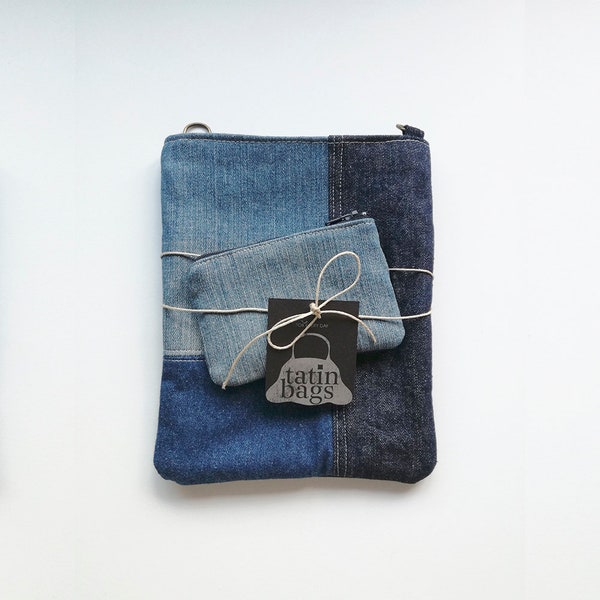 Petit sac de jeans recyclé, sac en denim croisé, sac mobile, sac passeport, petit sac de voyage, poche arrière, daim, cadeau pour les filles