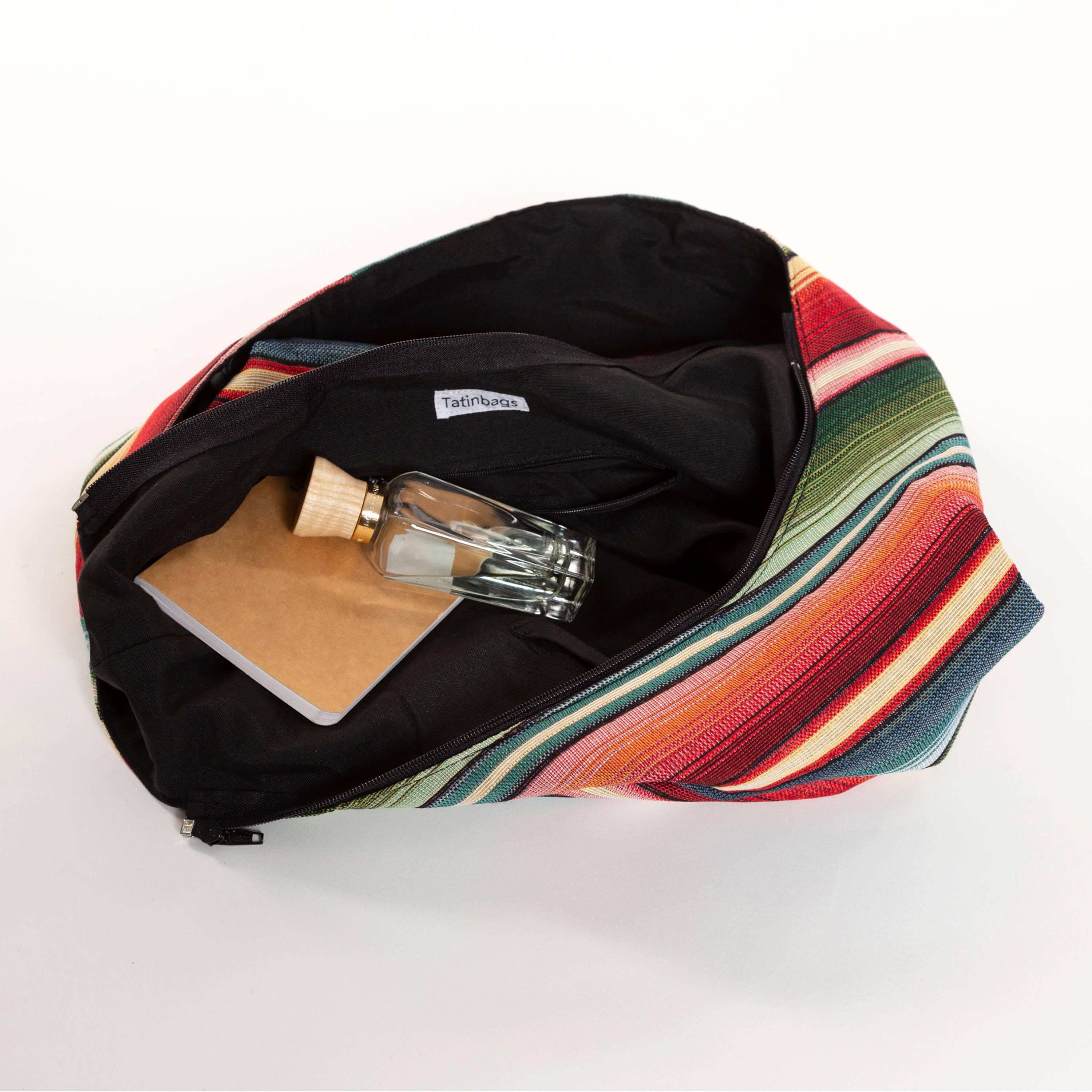 Canvas Hobo Bacpack Bag with Leather Trim - Multi colored strips. Striped Canvas Hobo Bag: Large Colorful Lightweight Boho  main image 4