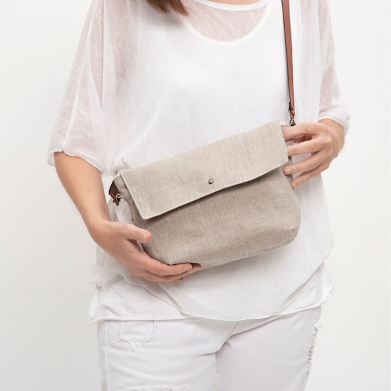 Kleine Leinen-Umhängetasche mit langem Riemen, Schultertasche aus Naturstoff mit Reißverschluss