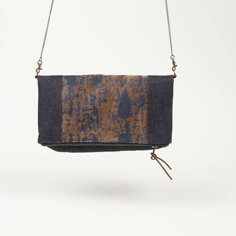 Brown fold over crossbody bag with zipper denim and suede Etsy