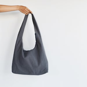 Minimalist gray linen boho bag with zipper for women, large linen hobo purse with inside pockets,fabric shoulder bag for shopping,vegan gift