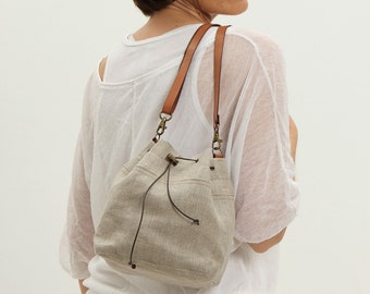 Minimalist linen crossbody bucket bag with adjustable strap, womens drawstring natural linen purse , small cute handmade vegan bag for her