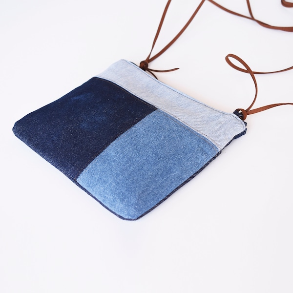 Petit sac en denim bleu fait à la main, mini sac à main pour téléphone portable, sac à bandoulière en jean avec poche arrière, sac unisexe