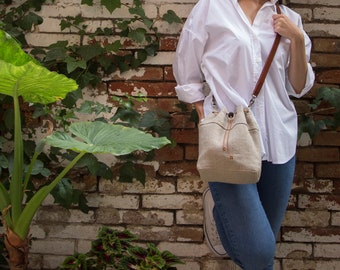 Beige Linen Bucket Bag: Handmade Boho Crossbody Purse