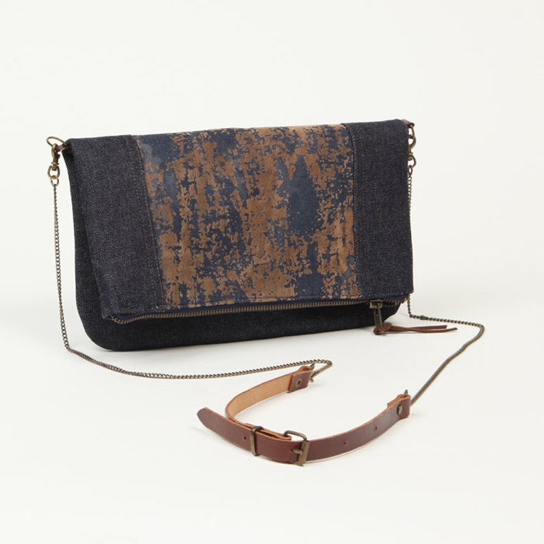 Brown fold over crossbody bag with zipper denim and suede Etsy