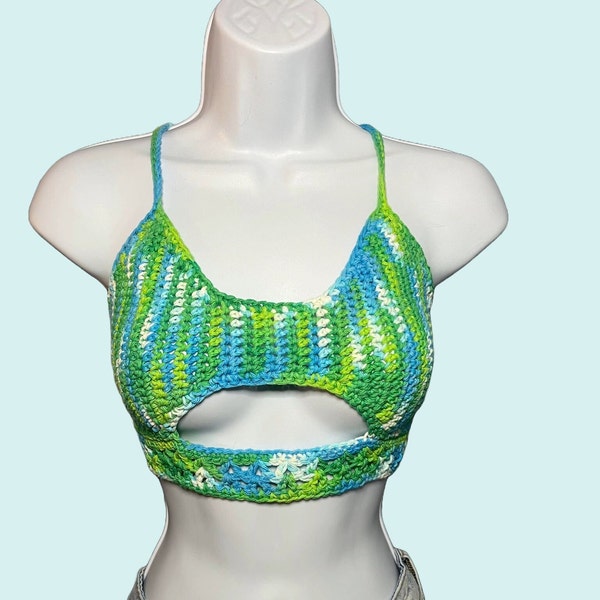 Size Medium - Handmade Crochet Crop Top in Green & Blue - fits 38A, 40A, 38B, 40B, 34C, 36C, 30D, 32D, 30DD