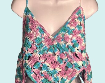 Fits Small to Large - Handmade Crochet Festival Crop Top, Adjustable in Blue and Pink