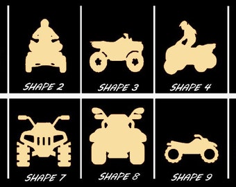 May include: Ten different silhouette designs of an ATV, or all-terrain vehicle, with a rider. The silhouettes are in a light beige color against a black background.