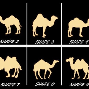 May include: Ten different camel silhouettes in various poses, outlined in a light beige color against a black background. Each silhouette is labeled with a number from 1 to 10.