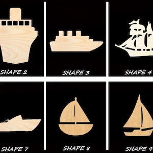 May include: Ten wooden boat shapes, each with a unique design, are displayed against a black background. The shapes include sailboats, cruise ships, and motorboats. Each shape is labeled with the word "SHAPE" followed by a number from 1 to 10.