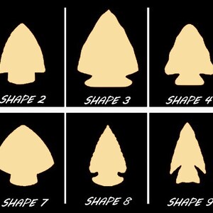 May include: Ten different shapes of arrowheads, outlined in white against a black background. The arrowheads are all a light beige color.