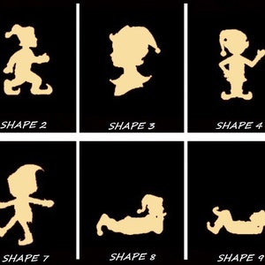 May include: Ten different silhouette shapes of elves in various poses, all cut out from a beige material and set against a black background.