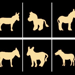 May include: A set of eight black and white silhouette images of donkeys in various poses. The donkeys are all facing to the right.