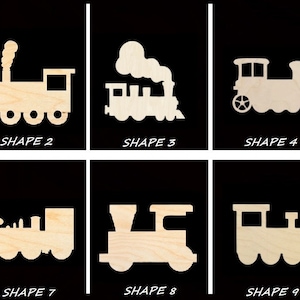 May include: Ten different wooden train engine shapes, each with a unique design. The shapes are cut out of wood and are ready to be painted or decorated.