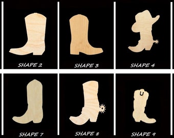 Smooth Laser Cut Cowboy Boot Shape - Unfinished Cutout - Multiple Sizes, Styles, and Designs - 1/4" Thick Birch Wood Craft Supply