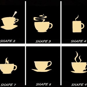 May include: Ten different illustrations of coffee mugs and teacups with steam rising from them. The illustrations are in a light yellow color and are set against a black background.