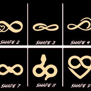 May include: Ten different variations of the infinity symbol, each with a unique design. The symbols are all in a light beige color and are set against a black background. The symbols are labeled with numbers 1 through 10.