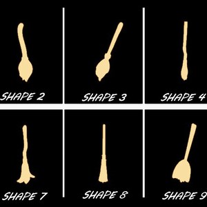 May include: Ten different shapes of broomstick silhouettes, all in a light yellow color, on a black background. The shapes are numbered 1 through 10.