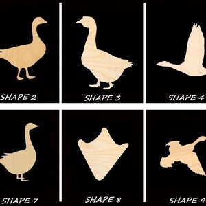 May include: Ten different wooden shapes of geese in various poses, including standing, flying, and with wings outstretched. The shapes are cut from light brown wood and are arranged in two rows of five on a black background.