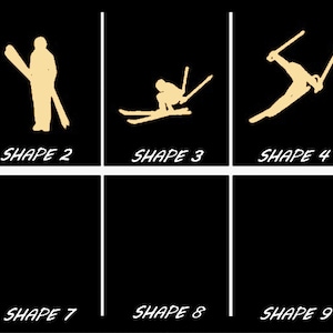 May include: A black and white illustration of ten different skiing poses. The skiers are shown in various positions, including jumping, turning, and skiing down a slope. The illustration is simple and stylized, with a focus on the movement of the skiers.