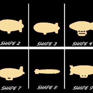 May include: Ten different shapes of blimps, all in a light yellow color, are shown against a black background. The shapes are labeled with numbers 1 through 10.