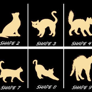 May include: Ten different cat silhouette shapes in a black background. The silhouettes are in a light beige color.